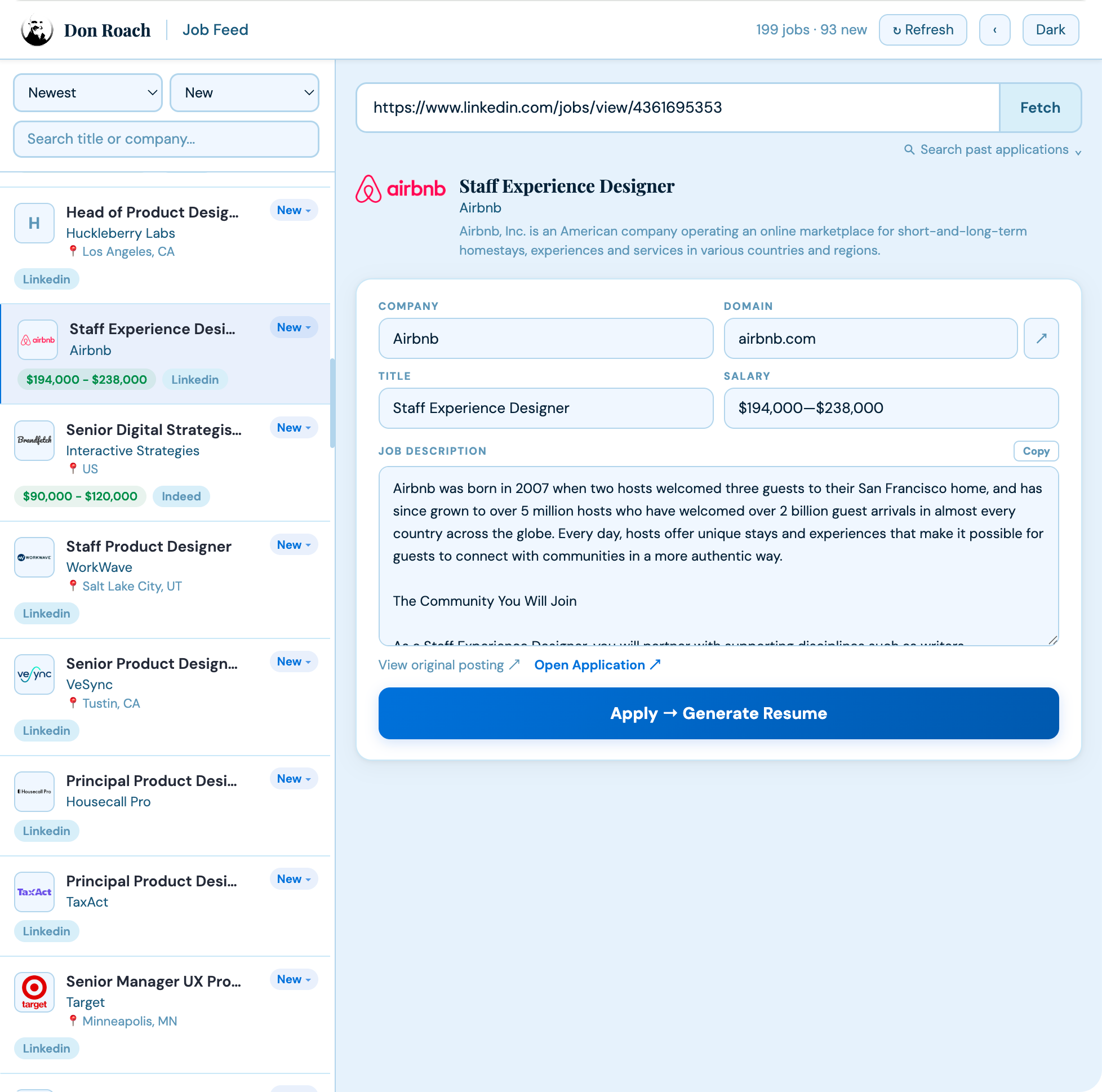 Job Feed three-column layout