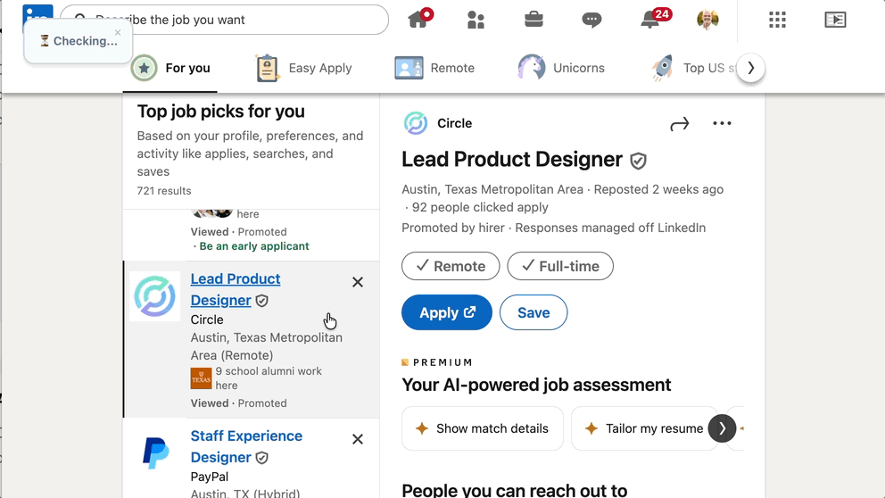 TamperMonkey script overlaid on LinkedIn job posting